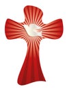 Isolated vector christian cross with dove and bright rays on red background
