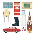 Isolated vector collection of historical landmarks and symbols of USSR with carbonated water text