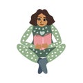 Isolated vector colorful illustration of a girl in green pyjamas reading book