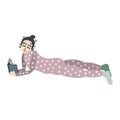 Isolated vector colorful illustration of a girl in purple pyjamas reading book