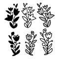 Isolated vector design set of silhouettes lined decorative abstract flowers on white background Royalty Free Stock Photo