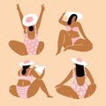 Isolated vector hand-drawn women in bikinis and panama hats. They read books, sunbathe and relax on the beach.