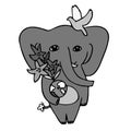 Isolated vector illustration black and white design of a cute elephant with pigeon holding a globe Royalty Free Stock Photo