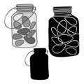 Isolated vector illustration black and white design of pickled eggs in jar, silhouette and lined