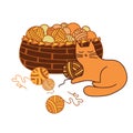 Isolated vector illustration card of cartoon cat sleeping with ball of threads and a basket Royalty Free Stock Photo