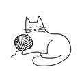 Isolated vector illustration card of cartoon lined black cat sleeping on ball of threads Royalty Free Stock Photo