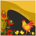 Isolated vector illustration with cute hen and three little chickens with red flowers around Royalty Free Stock Photo