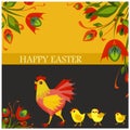 Isolated vector illustration with cute hen and three little chickens with red flowers around Royalty Free Stock Photo