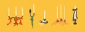 Isolated vector illustration of different candle holders and lighted candles with colorful bow and ribbon