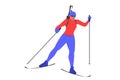 Isolated vector illustration of female athlete skiing. Female biathlete.