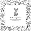 Hand-drawn frame with fruits, vegetables, and text in organic doodle style.