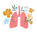 Isolated vector illustration of human lungs with blossom flowers on white background