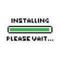 Pixel art 8-bit Installing green loading bar saying please wait - isolated vector illustration