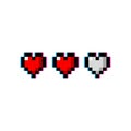 Pixel art 8-bit life three hearts red glitch set - isolated vector illustration