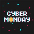 Pixel art 8-bit poster Cyber Monday with glitch effect and coin icon - isolated vector illustration