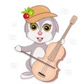 Isolated vector illustration of a rabbit in a cap playing the double bass.
