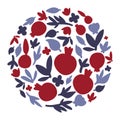 Isolated vector illustration. Round summer floral frame with stylized Pomegranate plants. Abstract circle with flowers