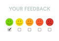 Set of emoticons colored scale feedback and check. Sad and Happy mood - isolated vector illustration