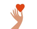 Isolated vector illustration of social care, charity, donation, sharing love with human hand holding red heart shape Royalty Free Stock Photo