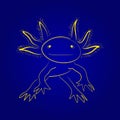 Isolated vector illustration of stylized funny yellow axolotl on blue background. Mexican walking fish. Handdrawn style.