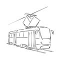 Isolated vector illustration of a tram. Public urban transportation. Hand drawn linear doodle ink sketch. Black silhouette on