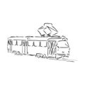 Isolated vector illustration of a tram. Public urban transportation. Hand drawn linear doodle ink sketch. Black silhouette on