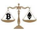 Bitcoin and Ethereum on Weighing Scale, Currency Value Comparison and Trade