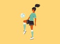Isolated vector illustration of young female soccer player kicks ball on yellow background Royalty Free Stock Photo