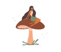 Isolated vector illustration of young woman sitting on mushroom cap Royalty Free Stock Photo