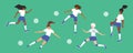 Isolated vector illustrations of diversity female soccer players in white blue sport wear playing ball on green football field Royalty Free Stock Photo