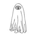 Isolated vector lined black and white illustration of scary ghost with an eye