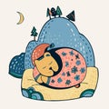 Isolated vector lined children illustration of sleeping cute bear and mountain in pastel colors