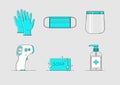 Isolated vector set of PPE icon in flat style with outline. Sterile medical nitrile gloves, mask, face shield, non Royalty Free Stock Photo