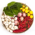 Isolated vegetable plate with eggplant, onion, garlic, pepper and green leafs