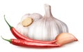 Isolated vegetables. Two garlic with segment and two red hot chili peppers isolated on white background, with clipping path. Royalty Free Stock Photo