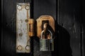 Isolated view of an old, rusting metal shackle and lock.