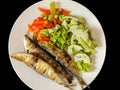 Isolated view of plated food, healthy fish meal, typical dish of Portuguese regional cuisine with grilled sardines with salad: red