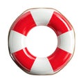 Isolated view of a red and white life preserver with rope detailing on a plain white background studio shot Royalty Free Stock Photo