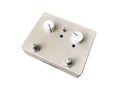 Isolated vintage cream white overdrive stompbox electric guitar effect for studio and stage performed on white background =