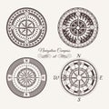 Isolated vintage or old marine compass rose icons. Sea or ocean navigation. Retro cartography icon or traveler compass Royalty Free Stock Photo