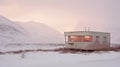 Isolated vintage shop or diner in the snowy misty field, with mountains around. Eerie little shed. Generative AI