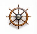 Isolated Vintage Wooden And Brass Ship's Steering Wheel With White Background. generative AI Royalty Free Stock Photo