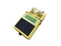 Isolated vintage yellow overdrive stompbox electric guitar effect for studio and stage performed on white background