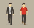 Isolated walking businessman or manager and casual wearing character. Front view. Royalty Free Stock Photo