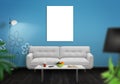 Isolated wall art canvas wall. Living room interior with sofa, lamp, table