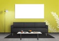 Isolated wall art canvas wall. Living room interior with sofa, lamp, table