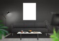 Isolated wall art canvas wall. Living room interior with sofa, lamp, table