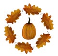 Isolated watercolor autumn leaves ring with pumpkin in the middle on white background