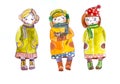 Isolated watercolor bady girls in warm clothes