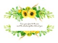 Isolated watercolor border frame with colorful vintage sunflower rose cosmos gerbera berries wild flower foliage and leaves for